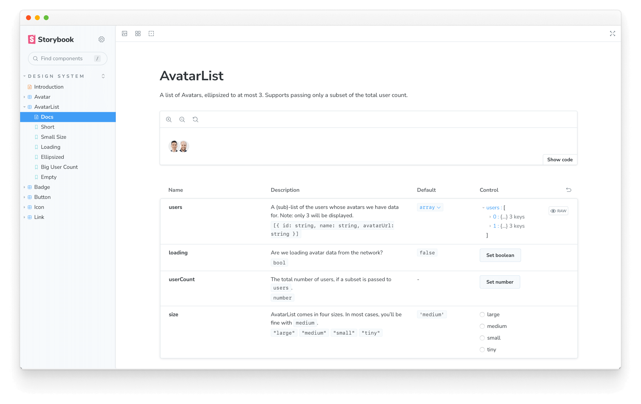 Storybook docs with full AvatarList info